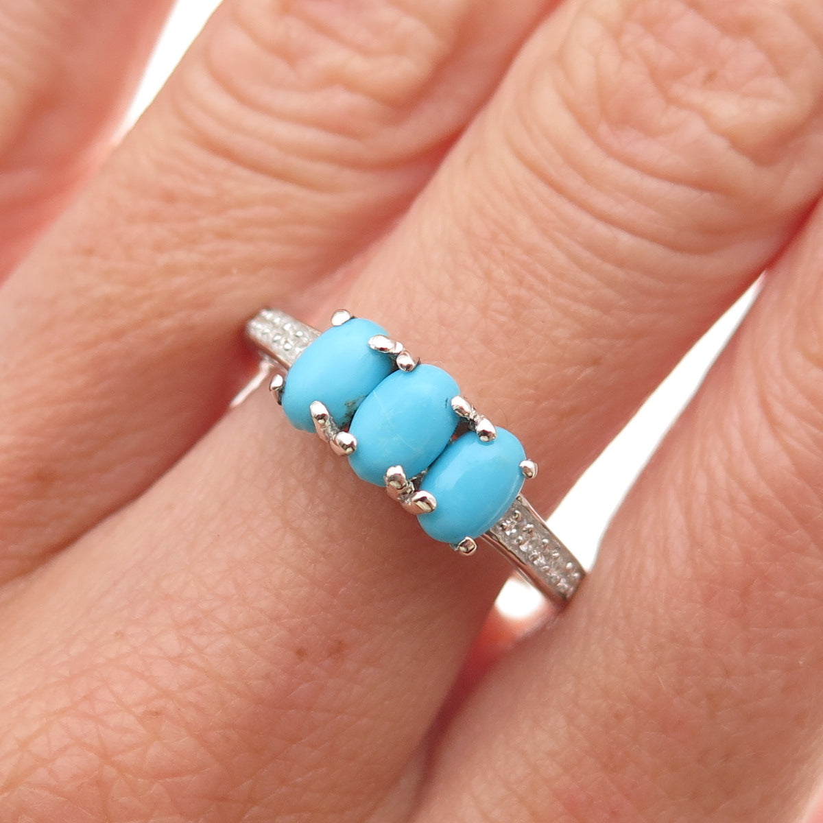 Chuck Clemency 925 Sterling Silver Real Turquoise & White Topaz Ring Size 8.25
