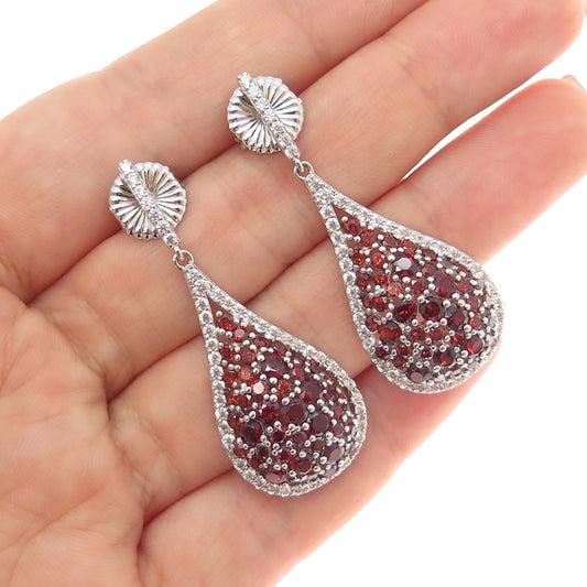 925 Sterling Silver Real Red Garnet & C Z Cluster Teardrop Dangle Earrings