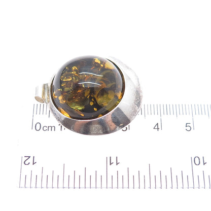 925 Sterling Silver Vintage Real Amber Modernist Oxidized Charm Pendant