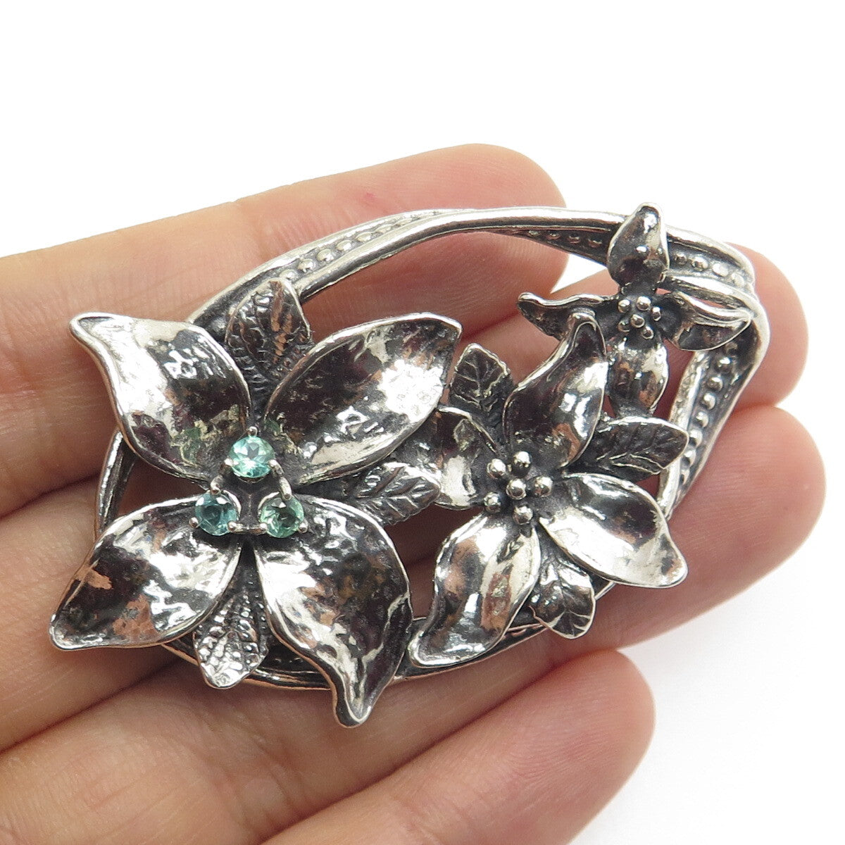 OR PAZ PZ 925 Sterling Silver Vintage Israel Real Aquamarine Flower Pin Brooch