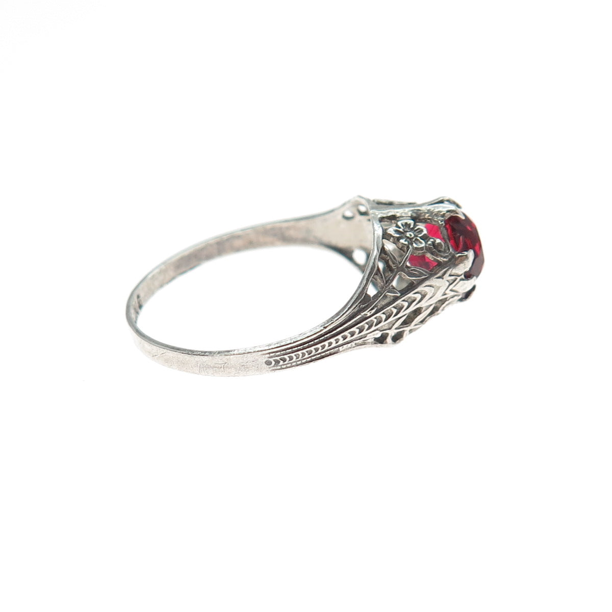 925 Sterling Silver Antique Art Deco Red Rhinestone Oxidized Ring Size 6.75
