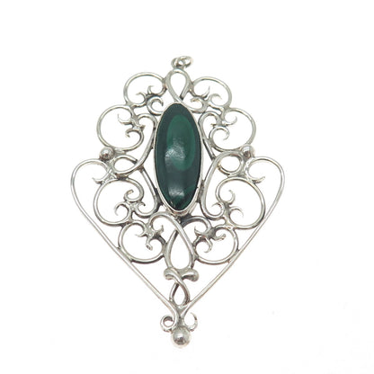 925 Sterling Silver Vintage Real Malachite Swirl Ornate Charm Pendant