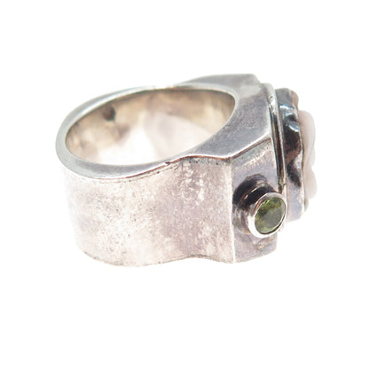 925 Sterling Silver Vintage Real MOP & Peridot Carved Rose Flower Ring Size 7.75