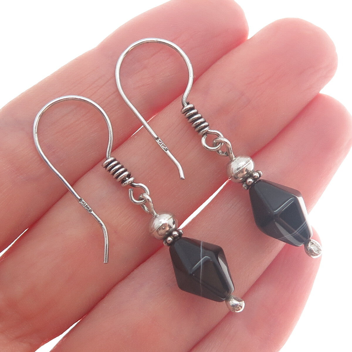 800 Silver Vintage Egypt Real Black Agate Dangle Earrings