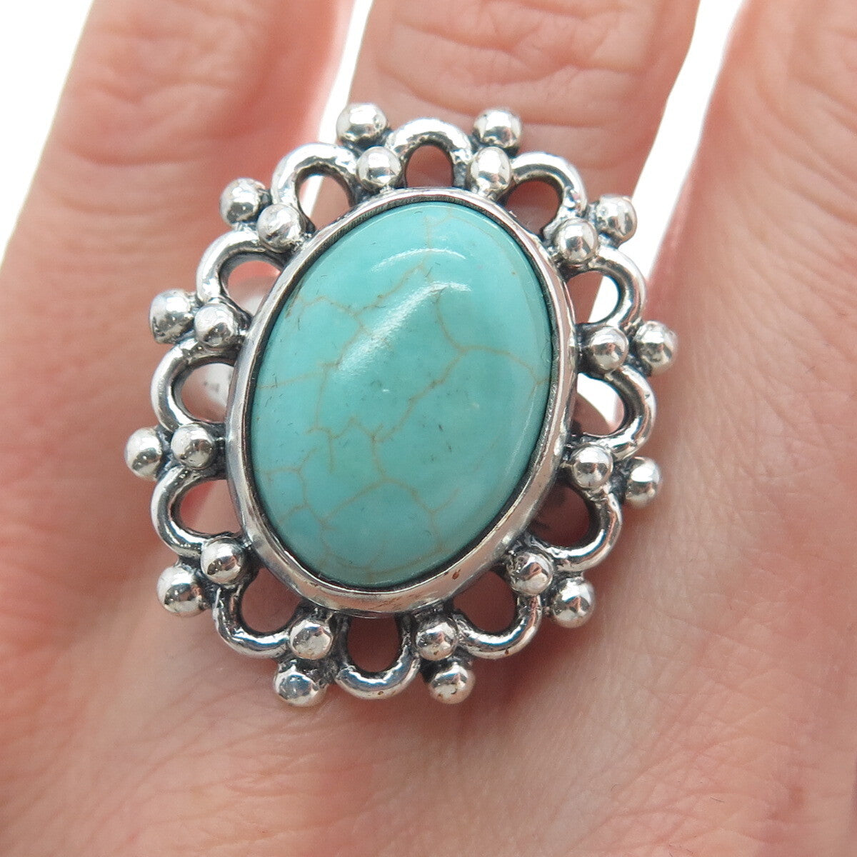 925 Sterling Silver Vintage Mountain Turquoise Flower Oxidized Ring Size 8.75
