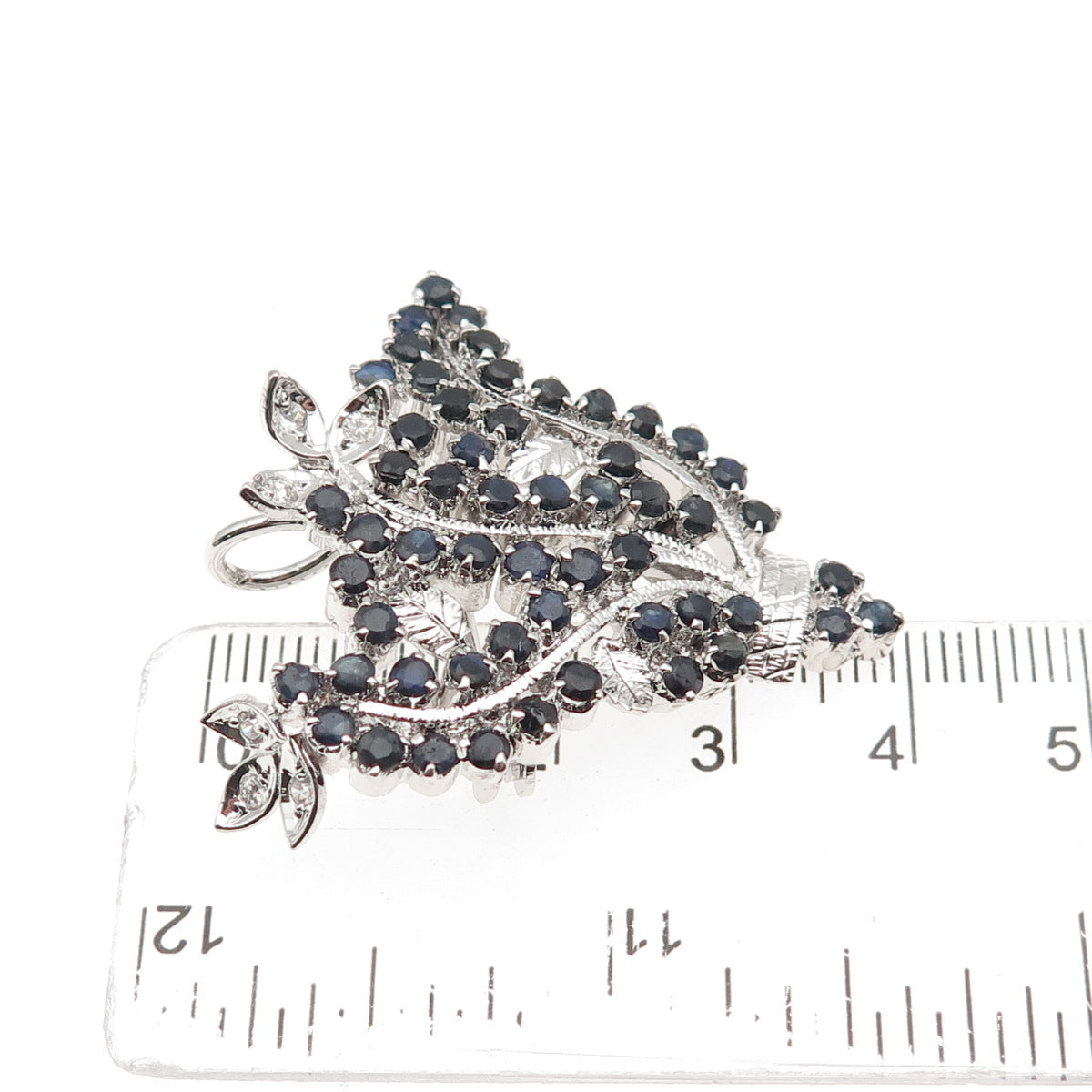 925 Sterling Silver Vintage Real Sapphire & C Z Floral Pin Brooch / Pendant
