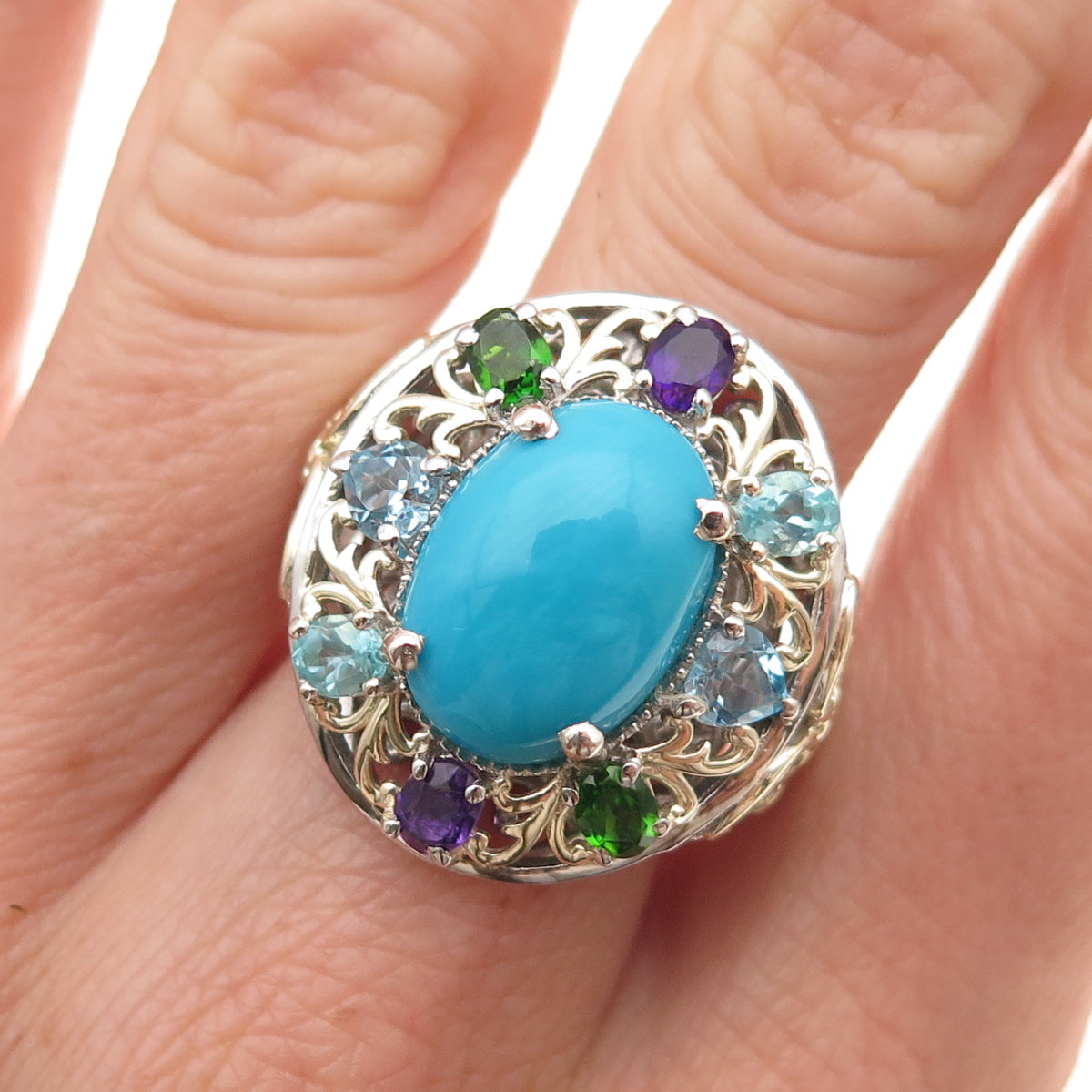 Chuck Clemency 925 Sterling Silver 2-Tone Real Multi-Color Gem Ring Size 8