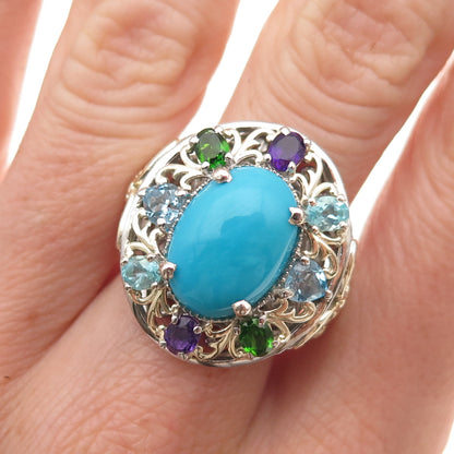 Chuck Clemency 925 Sterling Silver 2-Tone Real Multi-Color Gem Ring Size 8