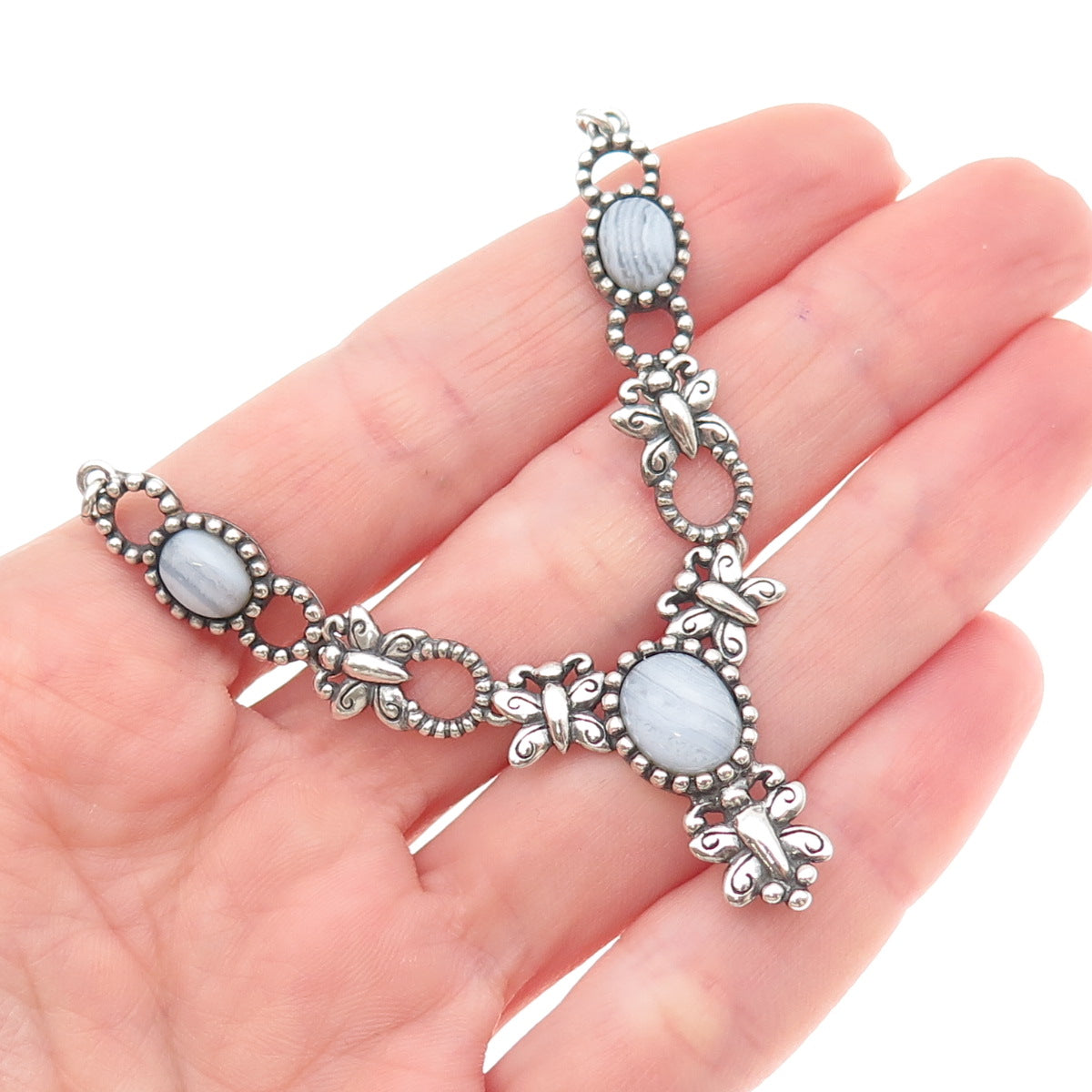 Carolyn Pollack Sterling Vintage Real Lace Agate Butterfly Necklace Centerpiece
