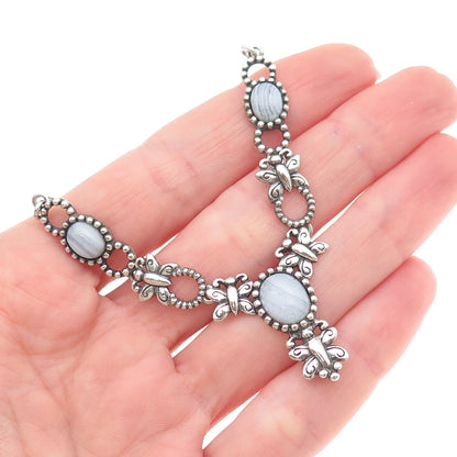Carolyn Pollack Sterling Vintage Real Lace Agate Butterfly Necklace Centerpiece