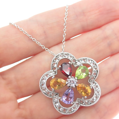 925 Sterling Silver Topaz Garnet Amethyst Citrine Peridot Flower Necklace 16-18"