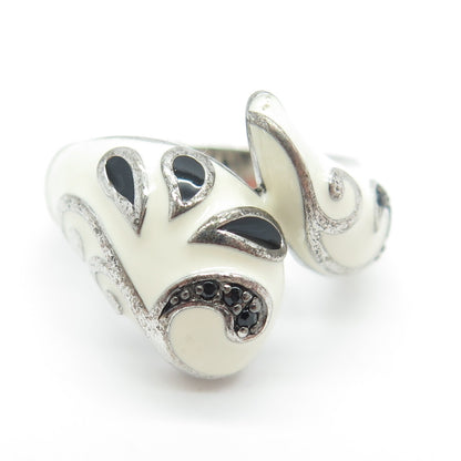EMA 925 Sterling Silver Real Black Spinel Gemstone & White Enamel Ring Size 7.25