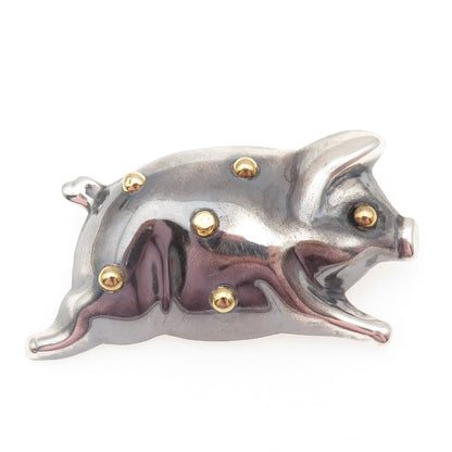925 Sterling Silver 2-Tone Vintage Mexico Pig Oxidized Pin Brooch / Pendant