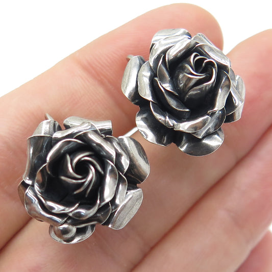 925 Sterling Silver Antique Art Deco Rose Flower Oxidized Screw Back Earrings