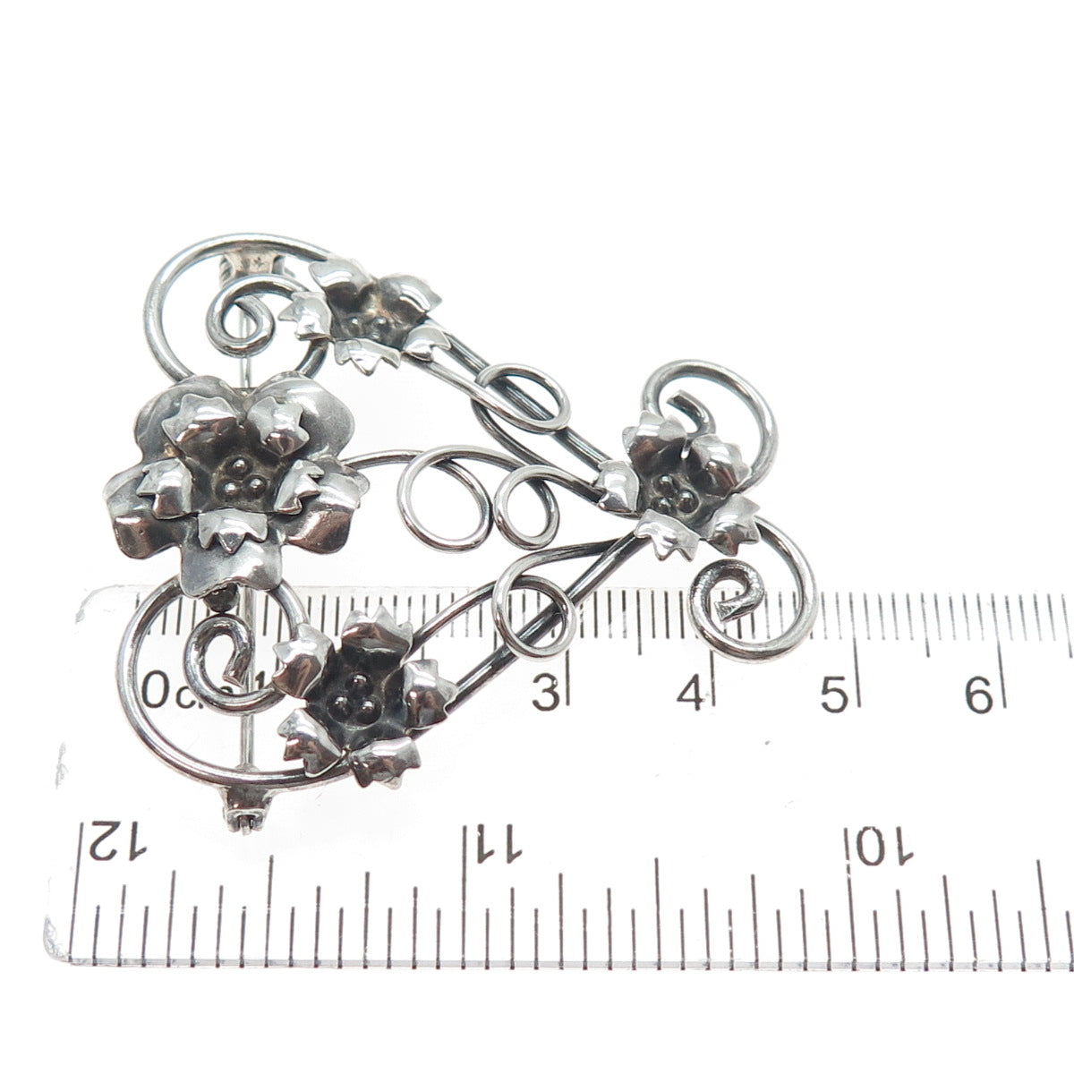 LE GRO 925 Sterling Silver Antique Art Deco Flower Heart Oxidized Pin Brooch