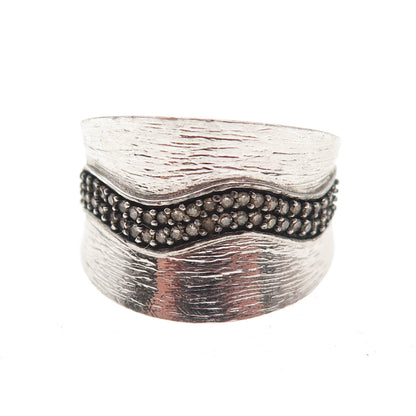HENG NGAI 925 Sterling Silver Real Champagne Diamond Modernist Wavy Ring Size 7
