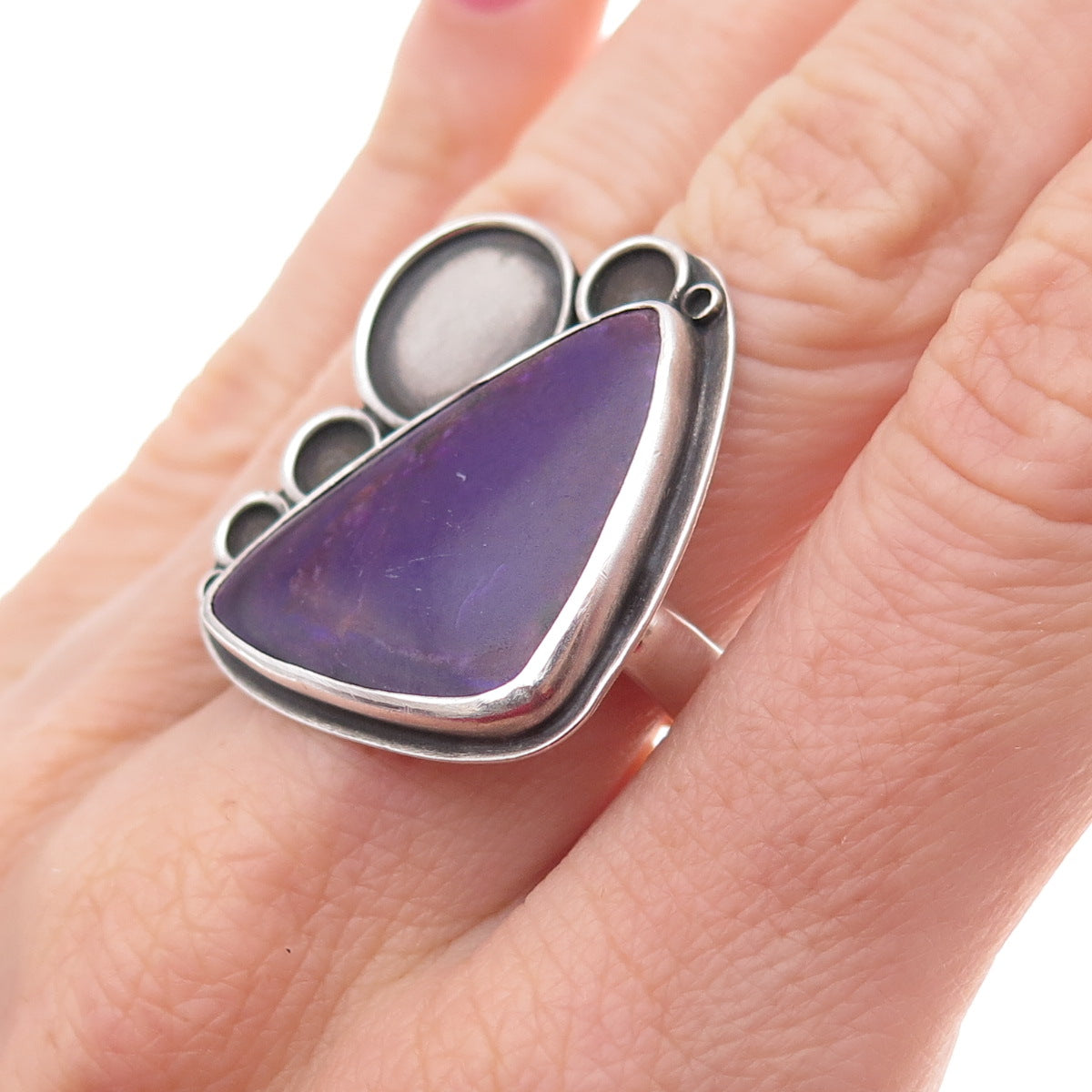 925 Sterling Silver Vintage Real Sugilite Modernist Oxidized Ring Size 7.75