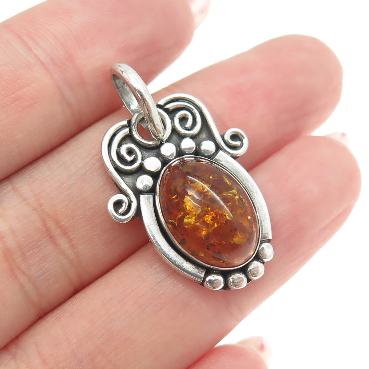 925 Sterling Silver Vintage Real Amber Modernist Charm Pendant