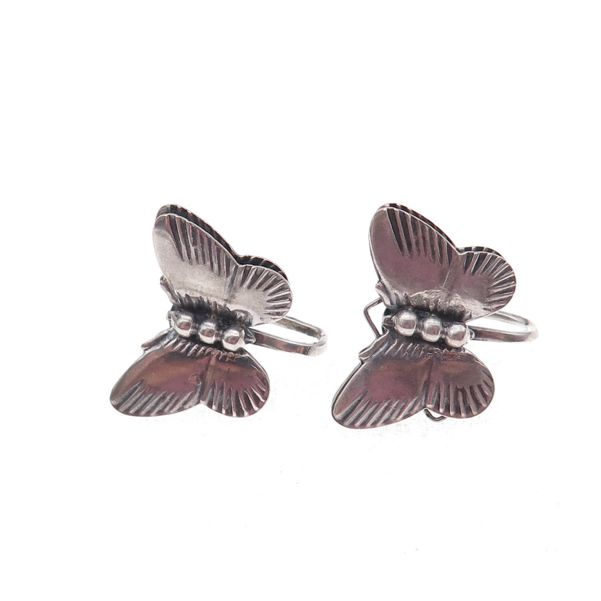 925 Sterling Silver Antique Art Deco Butterfly Repousse Screw Back Earrings