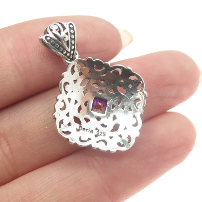 BERIA 925 Sterling Silver Princess-Cut Mystic Crystal Ornate Square Pendant