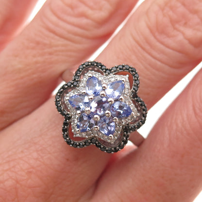 Chuck Clemency 925 Sterling Real Tanzanite Black Spinel White Topaz Ring Size 8