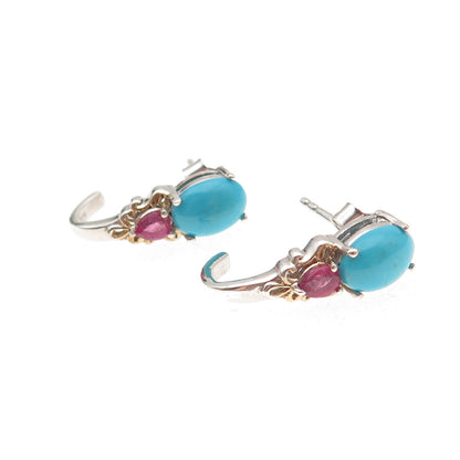 Chuck Clemency 925 Sterling Silver 2-Tone Real Turquoise & Ruby Earrings