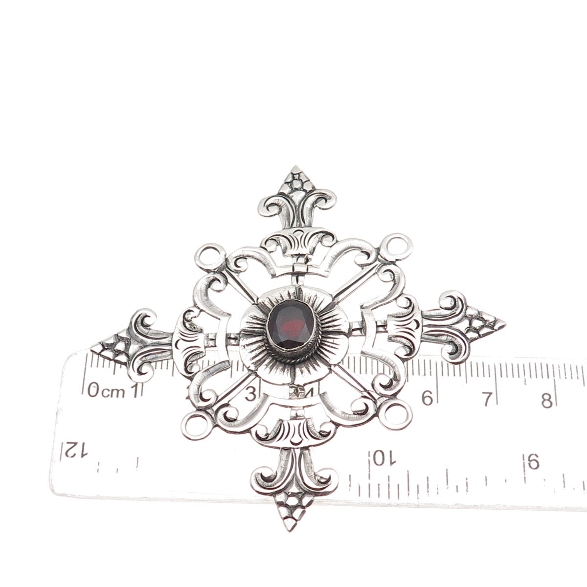 925 Sterling Silver Vintage Real Garnet Fleur de Lis Cross Oxidized Pin Brooch