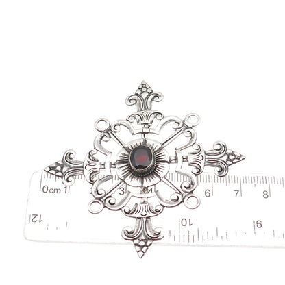 925 Sterling Silver Vintage Real Garnet Fleur de Lis Cross Oxidized Pin Brooch