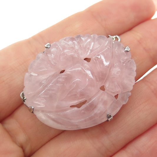 925 Sterling Silver Antique China Real Carved Rose Jade Floral Box Lock Clasp