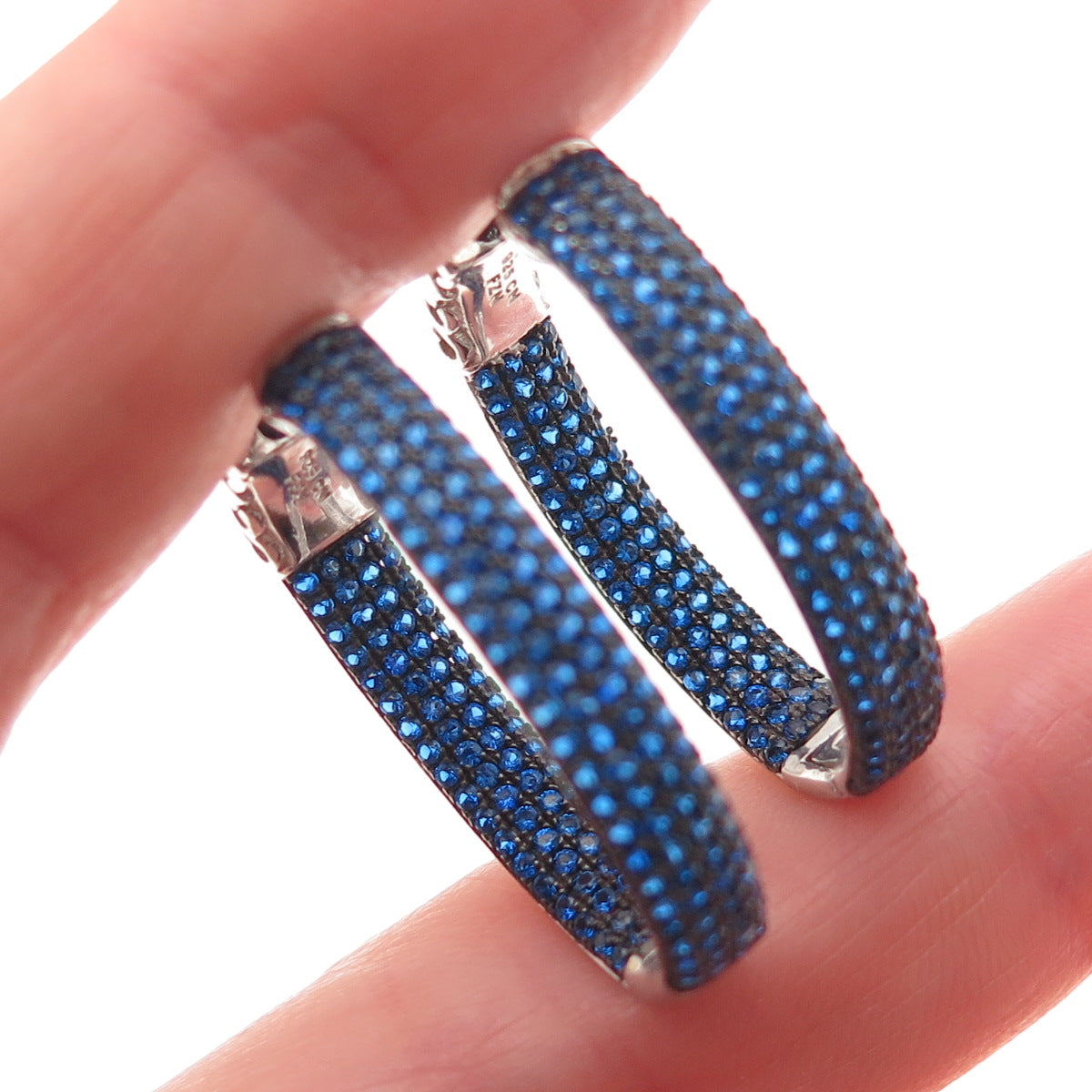 925 Sterling Silver Round-Cut Blue C Z In & Out Hoop Earrings