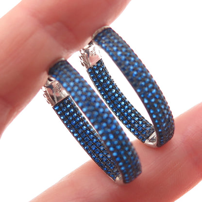 925 Sterling Silver Round-Cut Blue C Z In & Out Hoop Earrings