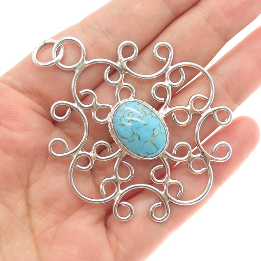 925 Sterling Silver Vintage Faux Turquoise Ornate Swirl Pendant