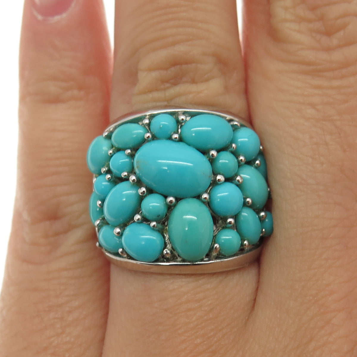 925 Sterling Silver Real Sleeping Beauty Turquoise Cluster Ring Size 6.75