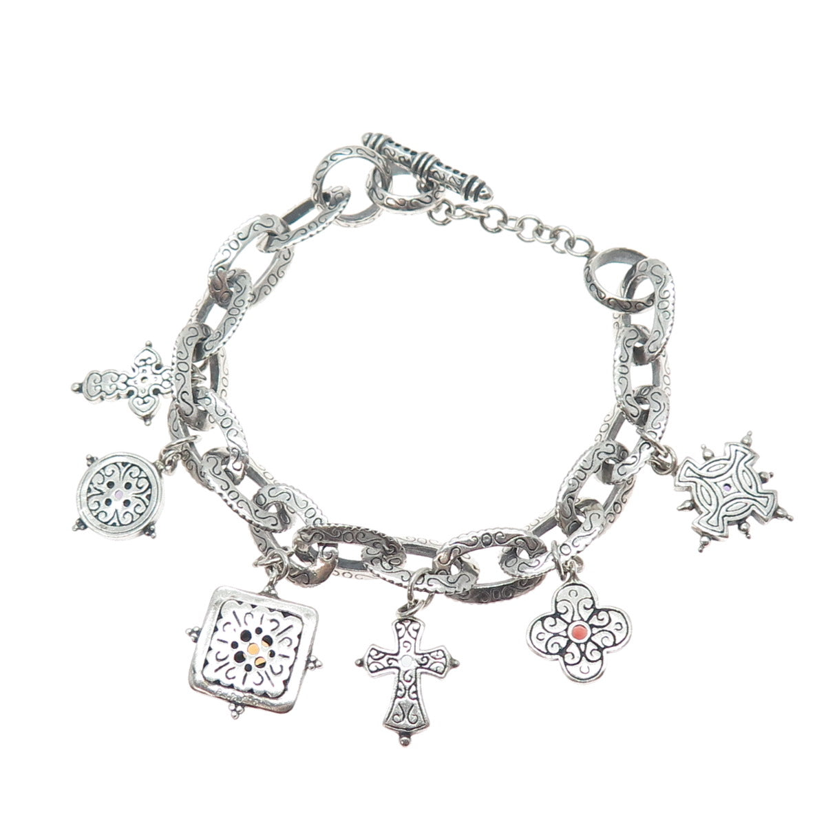 SAMUEL BENHAM BJC Sterling Silver Vintage Real Multi-Gem Cross Bracelet 6.75"