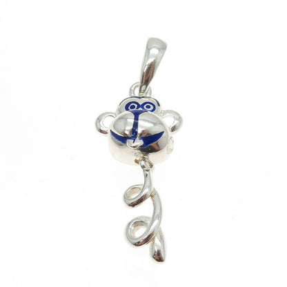 925 Sterling Silver Vintage Italy Blue Enamel Monkey Pendant
