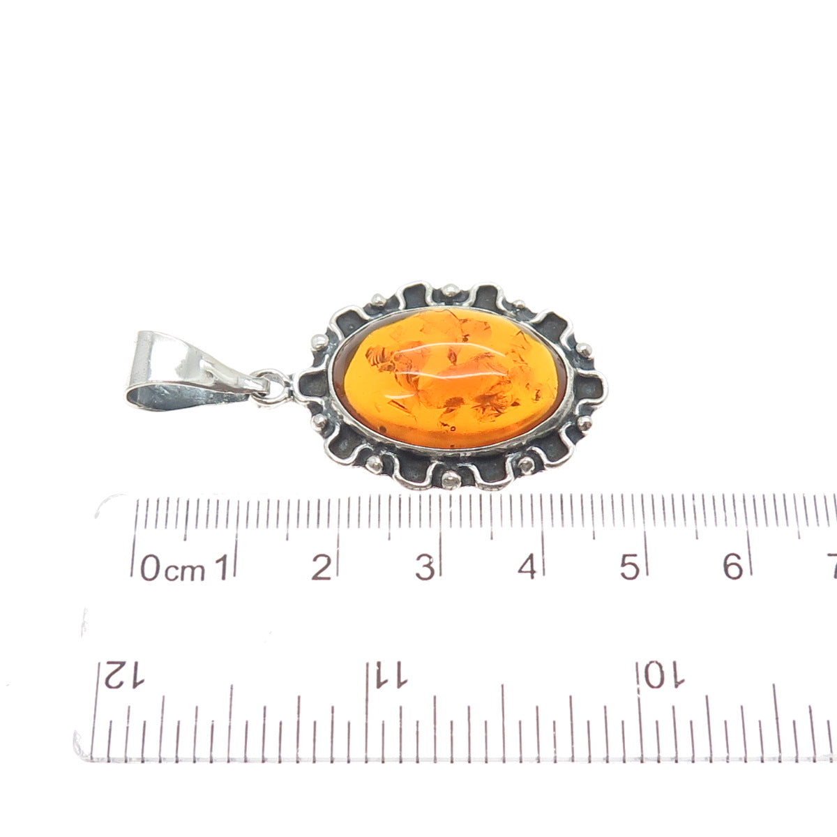 925 Sterling Silver Vintage Mexico Real Amber Modernist Oxidized Charm Pendant