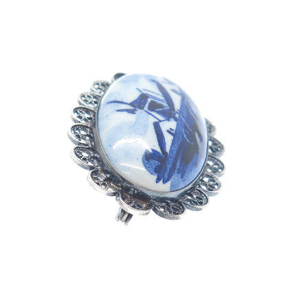 DELFT 835 Silver Vintage Ceramic Old Mill Filigree Pin Brooch
