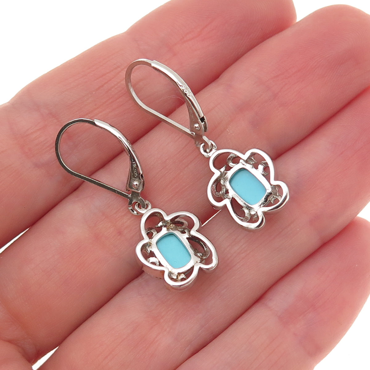 925 Sterling Silver Real Sleeping Beauty Turquoise Floral Dangle Earrings