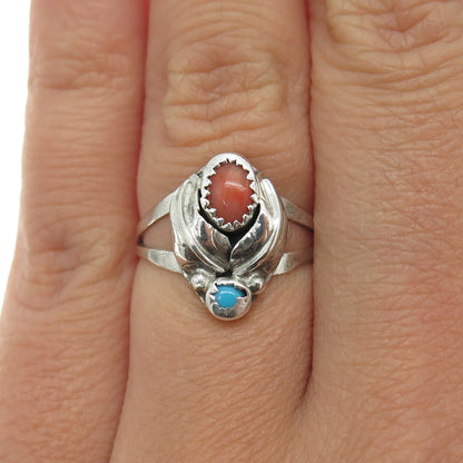 Old Pawn Sterling Southwestern Turquoise Coral Snake Eye Feather Ring Size 5.75