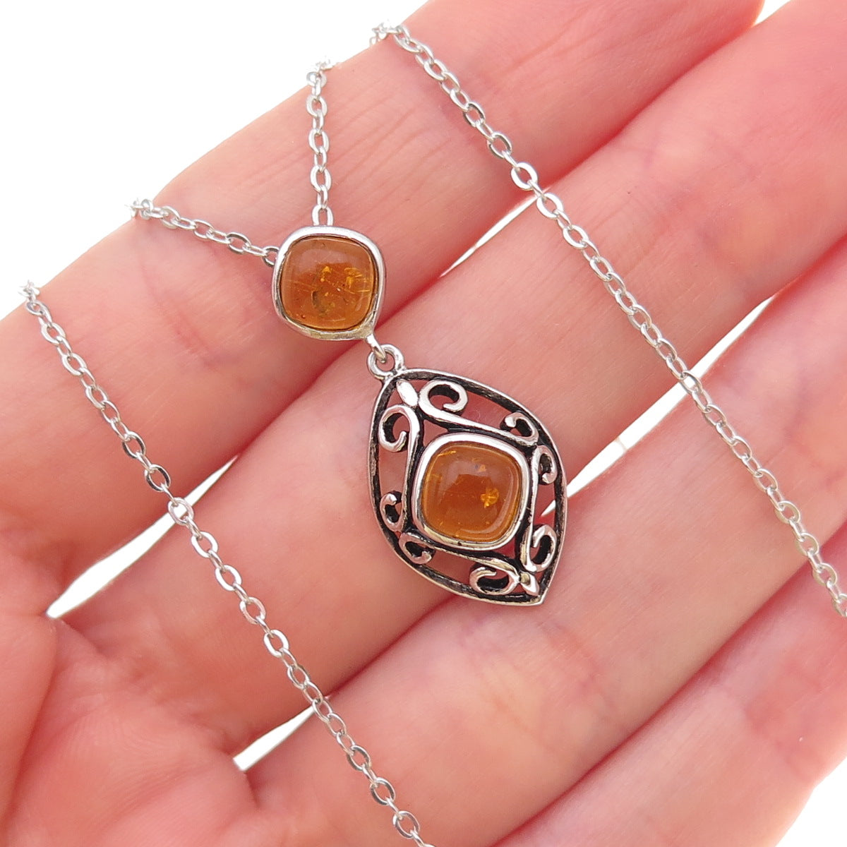 925 Sterling Silver Real Amber Floral Scroll Cable Chain Necklace 18"