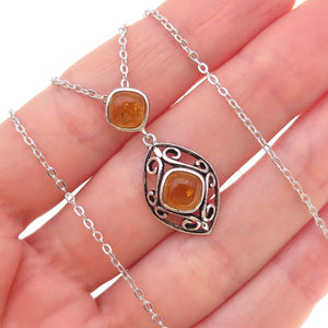 925 Sterling Silver Real Amber Floral Scroll Cable Chain Necklace 18"