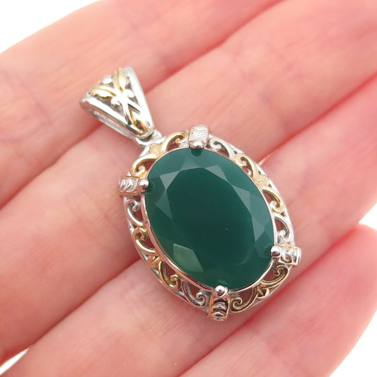 Chuck Clemency & Karis 2-Tone Real Green Onyx Floral Pendant