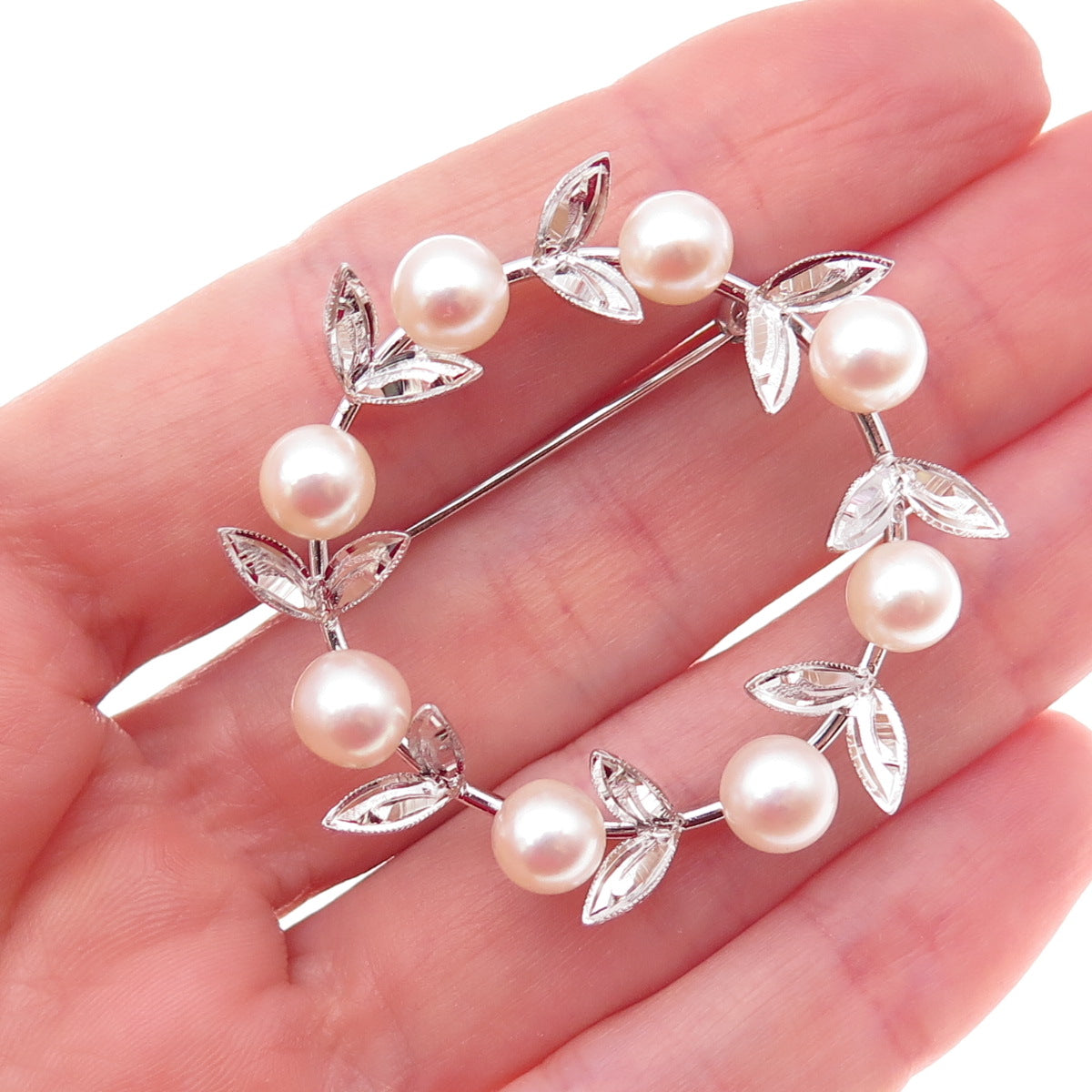 925 Sterling Silver Antique Art Deco Real Akoya Pearl Floral Circle Pin Brooch