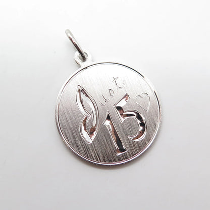 925 Sterling Silver Vintage Elco Just 15 Heart Love Round Medal Pendant