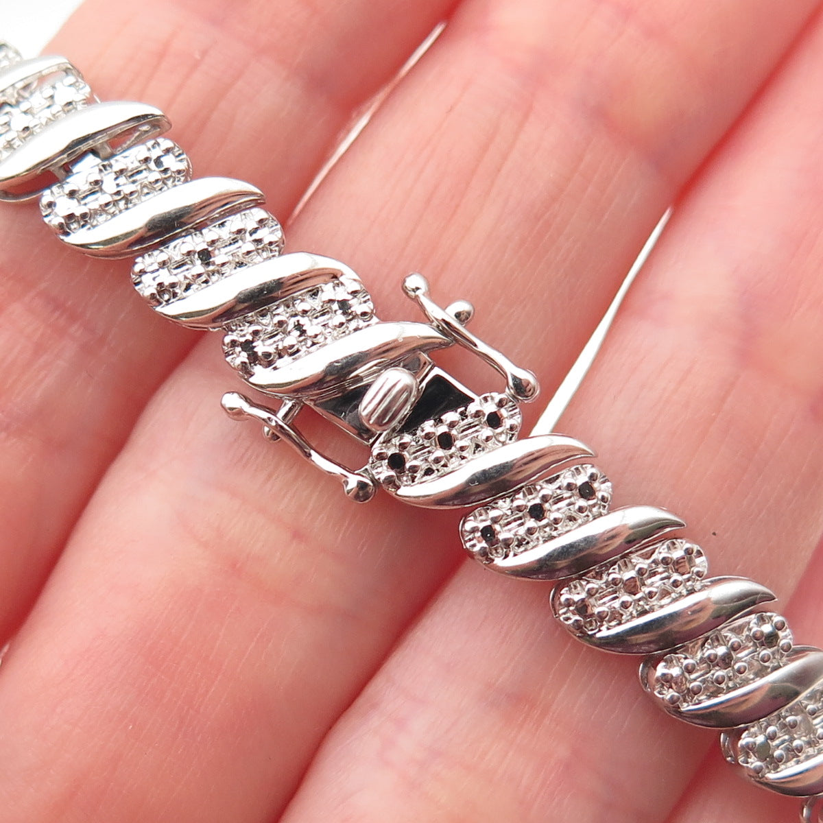925 Sterling Silver Real Round-Cut Diamond Ribbed Link Bracelet 7.25"