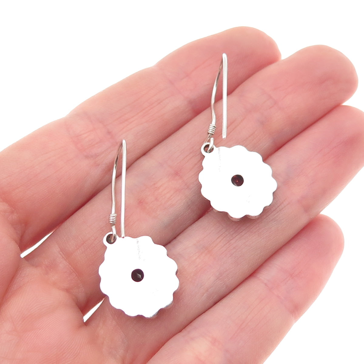 925 Sterling Silver Vintage Real Red Garnet Floral Beaded Dangle Earrings