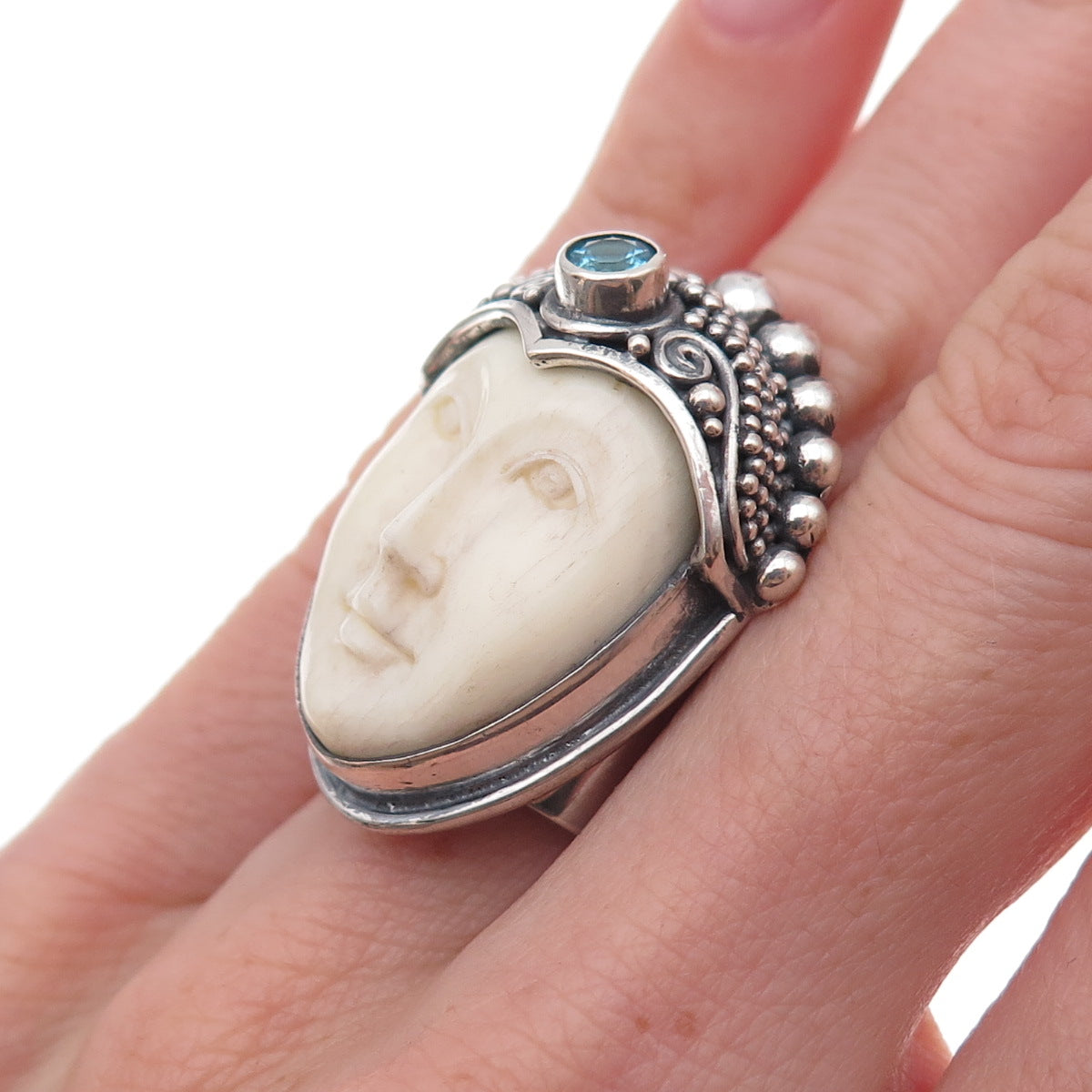 Sajen 925 Sterling Silver Vintage Blue Tourmaline Goddess Adjustable Ring Size 6