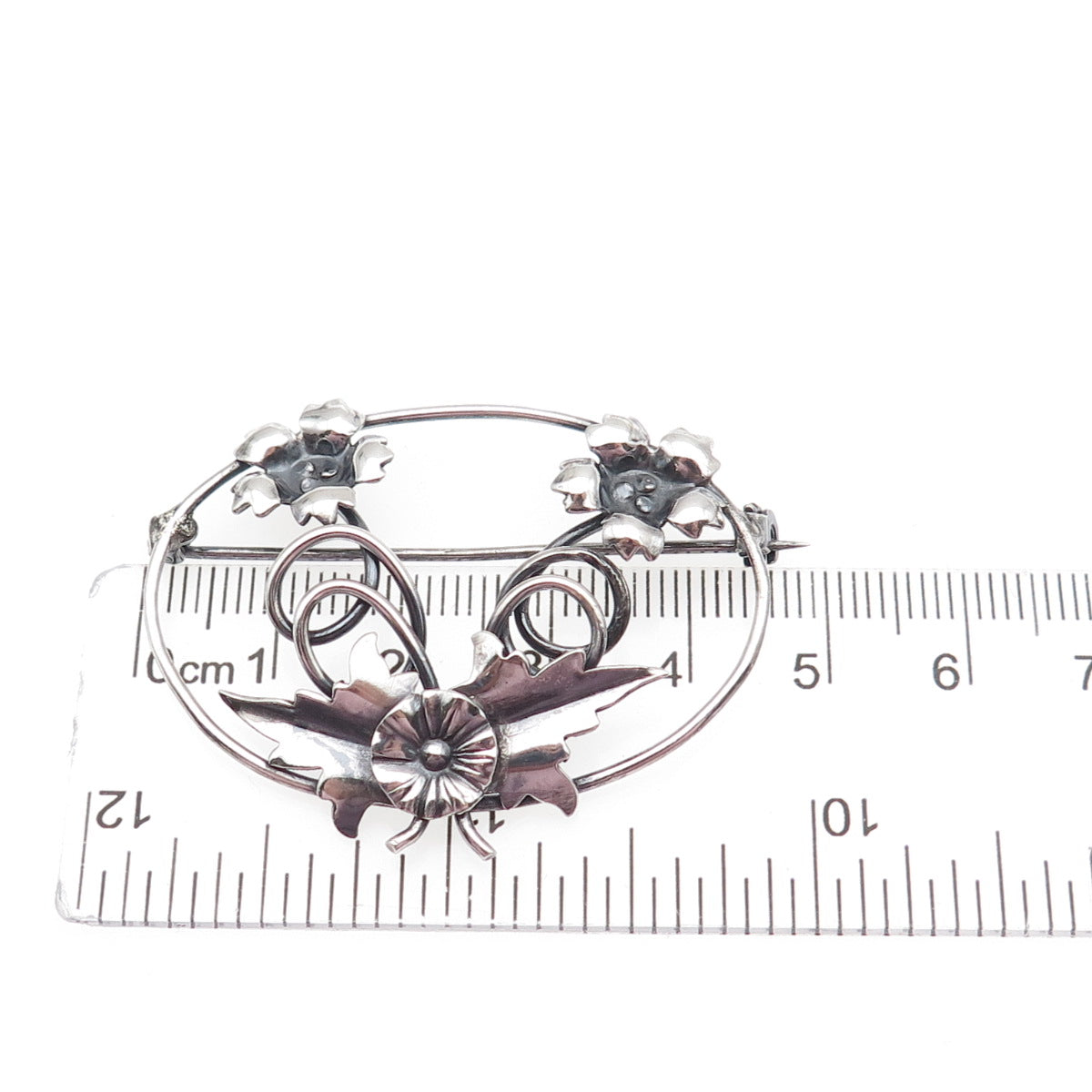 925 Sterling Silver Antique Art Deco Flower Oxidized Pin Brooch