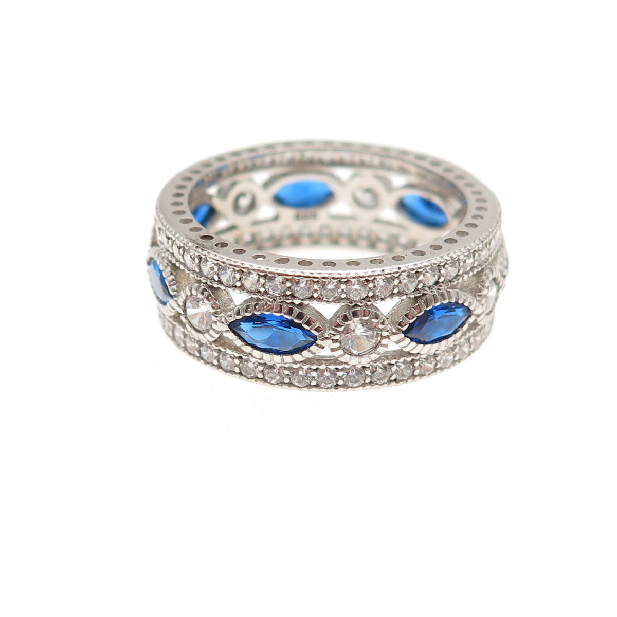 925 Sterling Silver Blue & White C Z All Around Band Ring Size 6.25