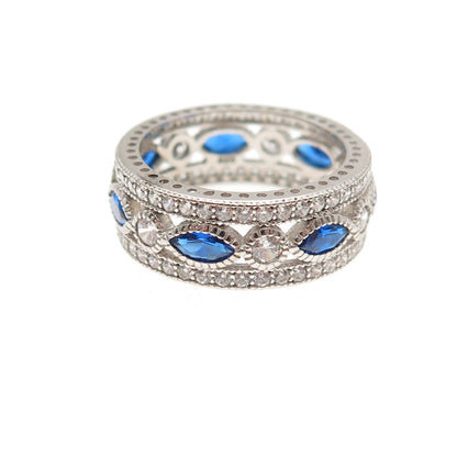 925 Sterling Silver Blue & White C Z All Around Band Ring Size 6.25
